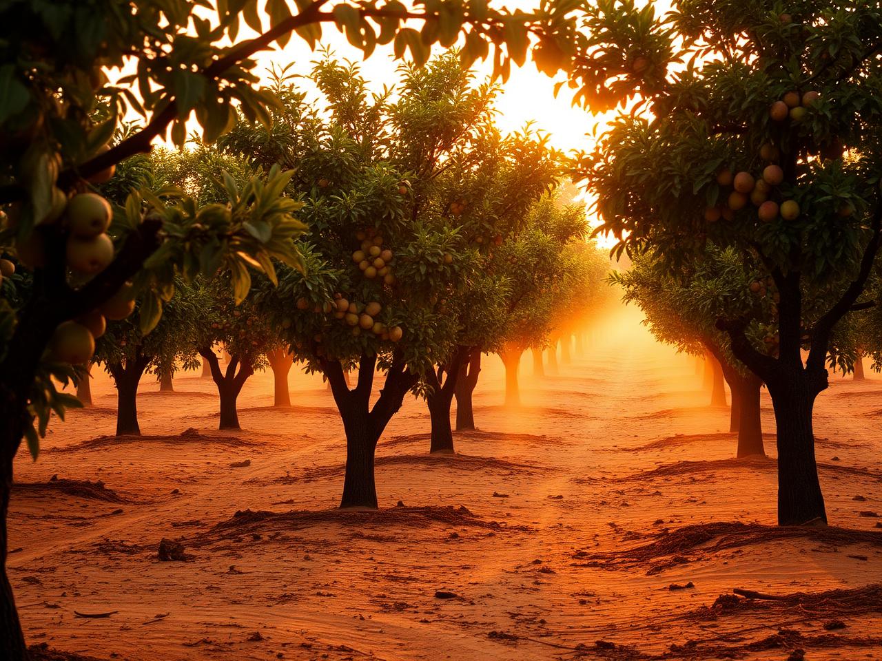 A cashew orchard at golden hour.