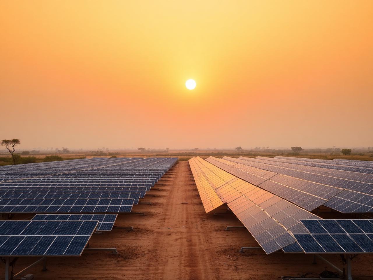 Utility-scale solar array at sunrise.