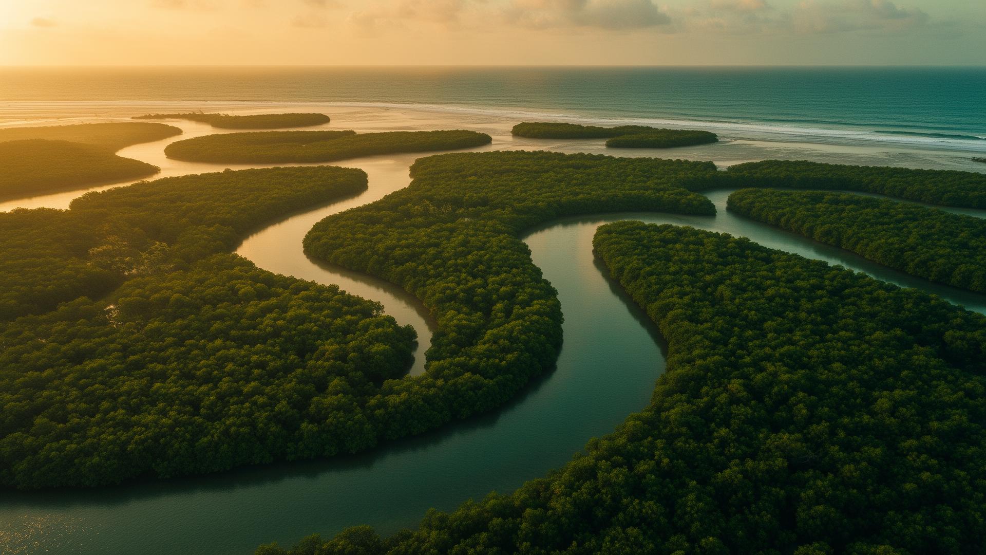 Aerial view of the Bijagós archipelago at golden hour — tidal channels carving through mangrove islands into the Atlantic.